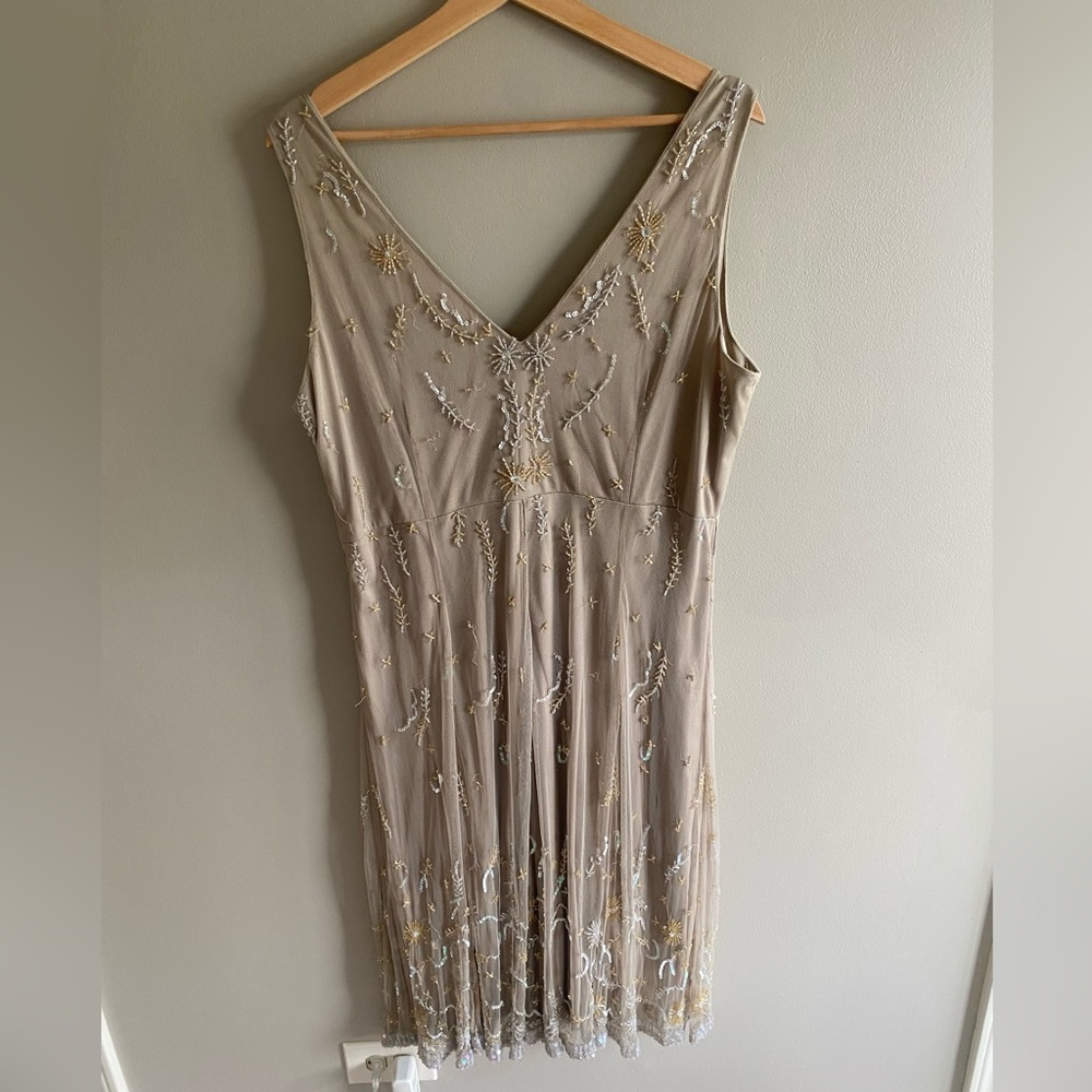 Vtg 90s‎ STENAY Slip Dress L Mesh Taupe Beaded Fairycorre Midi Evening Gown - Picture 9 of 11